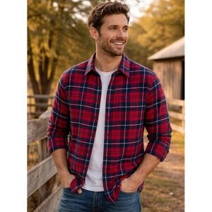 J Crew Mens Flannel Shirt Sz M Button Up Red Navy Plaid Heritage Classic Country